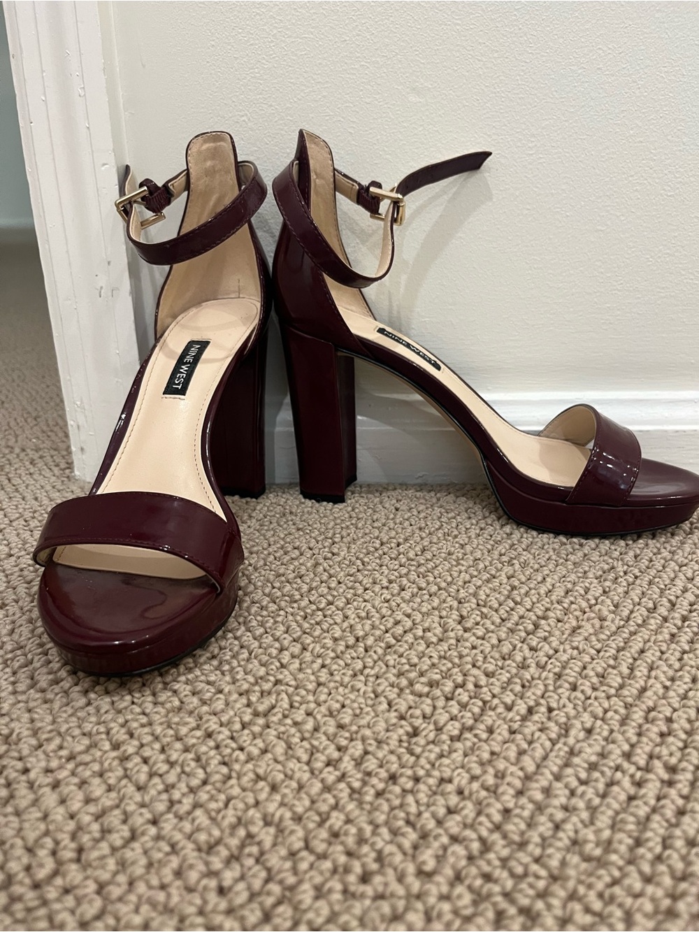 Like new! Nine West Burgundy Patent Ankle-Strap Block Heels - Picture 5 of 14